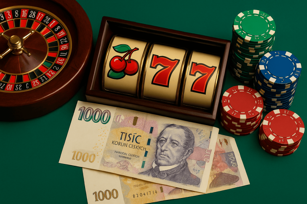 баннер с элементами казино — игровые фишки, карты и рулетка